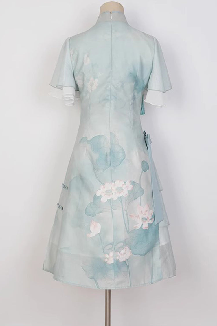 Green Ruffle Short Sleeves Lotus Print Sweet Cheongsam Hanfu Dress - Product - 7
