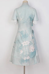 Green Ruffle Short Sleeves Lotus Print Sweet Cheongsam Hanfu Dress - Product - 7