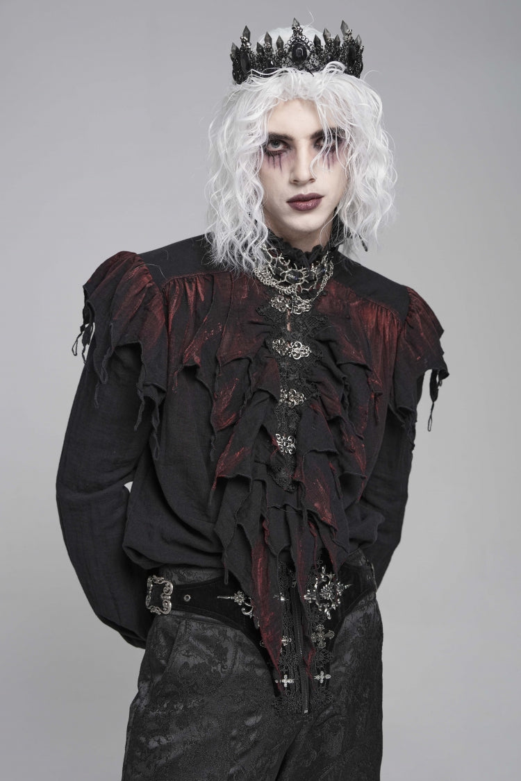 Black/Red Stand Collar Long Sleeves Ruffled Men's Gothic Plunging Shirt - Product - 4