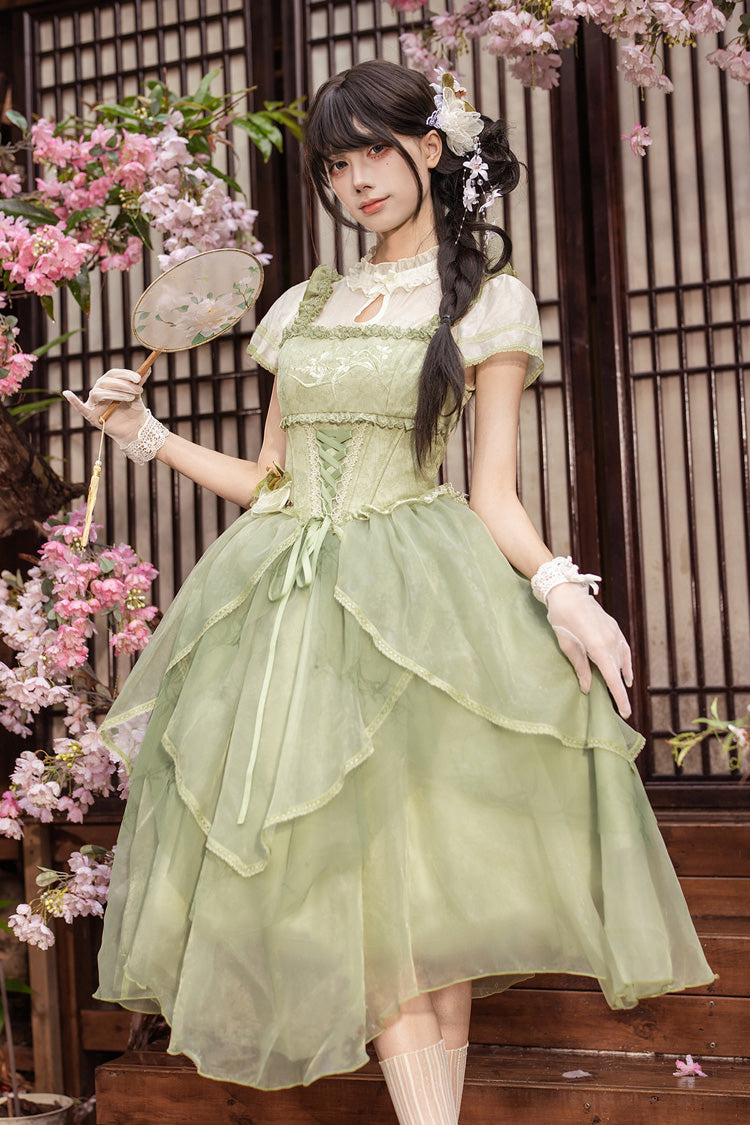 [Fragrance] Stand Collar Short Sleeves Multi-Layered Printed Ruffled Bow Lace Irregular Chinese Style Sweet Lolita Dress 2 Colors (Green, Pink) - Product - 20