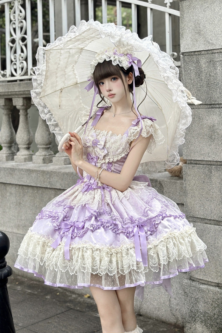 Purple [Dreaming Butterfly] Multi-Layered Jacquard Ruffle Bowknot Lace Sweet Princess Lolita Jsk Dress - Product - 8