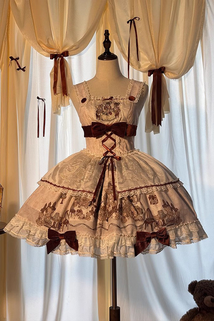 [Castle Bear] Sleeveless Print Ruffle Bowknot Lace Sweet Lolita Jsk Dress 4 Colors - Ivory - 13