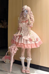 Pink [Glass Bottle] Square Collar Sleeveless Triple-Layered Printed Ruffled Bow Asymmetric Sweet Lolita Jsk Dress - Product - 2