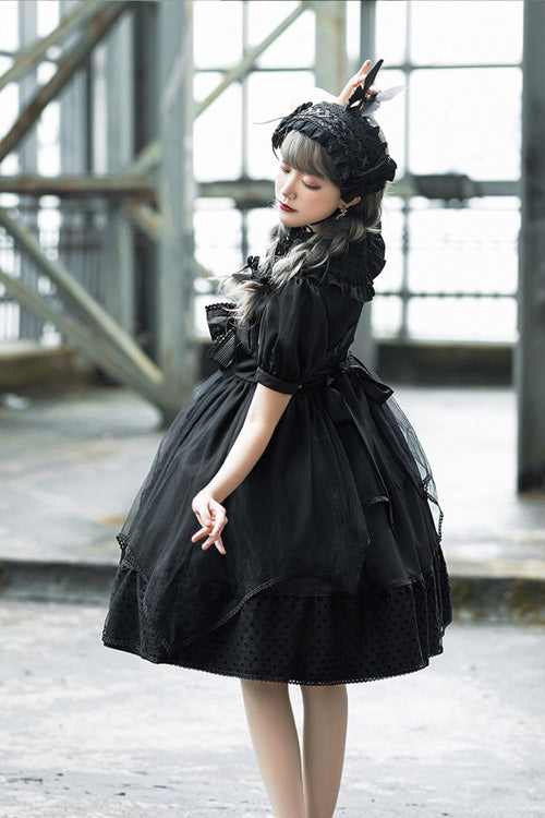Black Elegant Round Collar Bowknot Short Sleeves High Waisted Gothic Lolita OP Dress - Product - 6