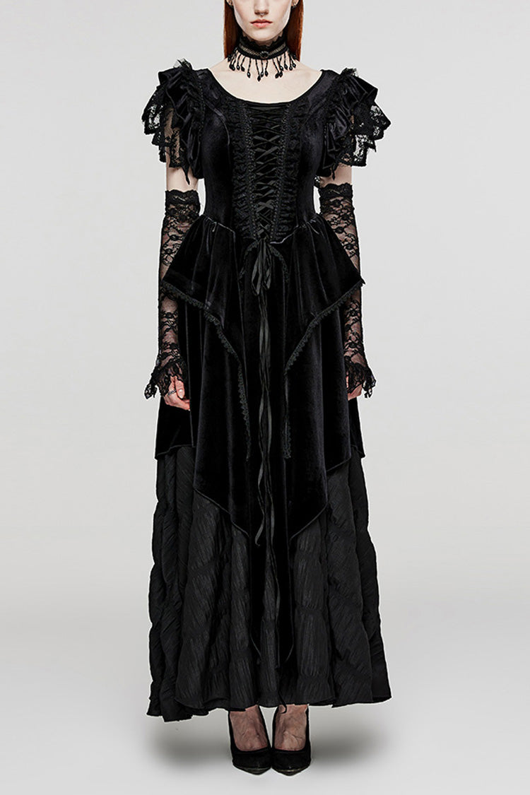 Black V Collar Ruffle Lace Women's Gothic Dress with Oversleeves - Black - 1
