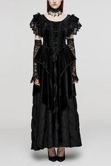 Black V Collar Ruffle Lace Women's Gothic Dress with Oversleeves - Black - 1