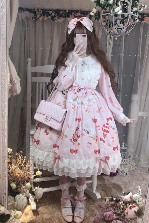 Pink Strawberry Print Doll Collar Long Sleeve Lace Sweet Lolita OP Dress - Product - 2