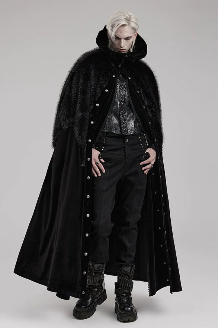 Black Stand Collar Ruffle Irregular Plush Stitching Mens Gothic Gorgeous Cloak - Product - 2