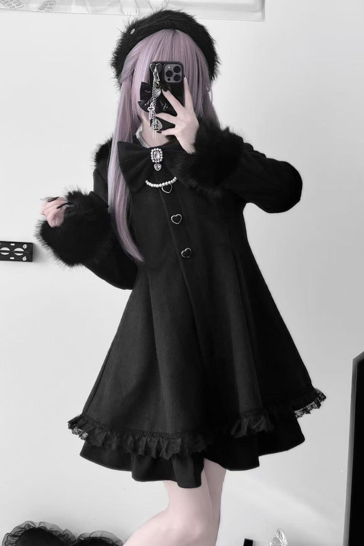 Black Long Sleeves Bowknot Rabbit Ears Detachable Hooded Japanese Jirai Kei Coat - Product - 4