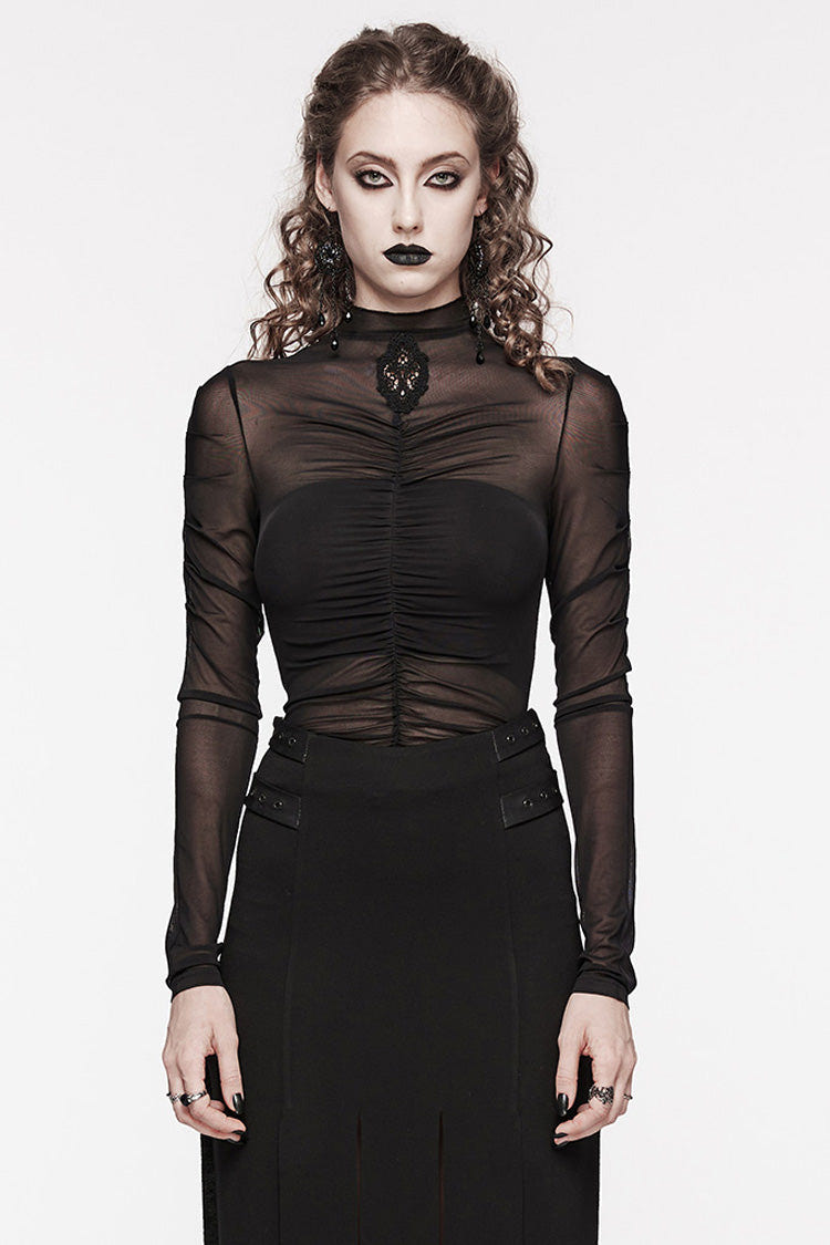 Black Long Sleeves Floral Embroidery Mesh Women's Gothic Blouse - Black - 1