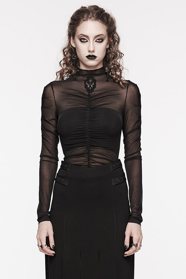Black Long Sleeves Floral Embroidery Mesh Women's Gothic Blouse - Black - 1