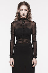 Black Long Sleeves Floral Embroidery Mesh Women's Gothic Blouse - Black - 1