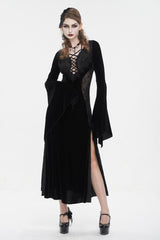 Black Velvet Mesh Splice Long Women's Gothic Dress - Black - 1