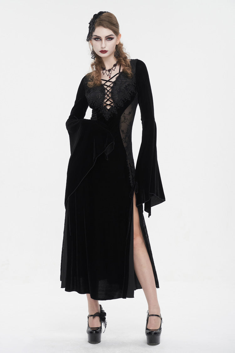 Black Velvet Mesh Splice Long Women's Gothic Dress - Black - 1