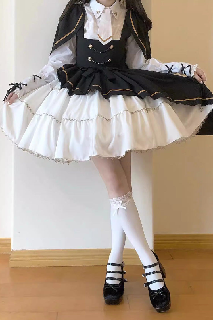 Black/White [Commander] Long Sleeves Ruffle Bowknot Irregular Sweet Lolita Dress Coat Cloak Set - Product - 6