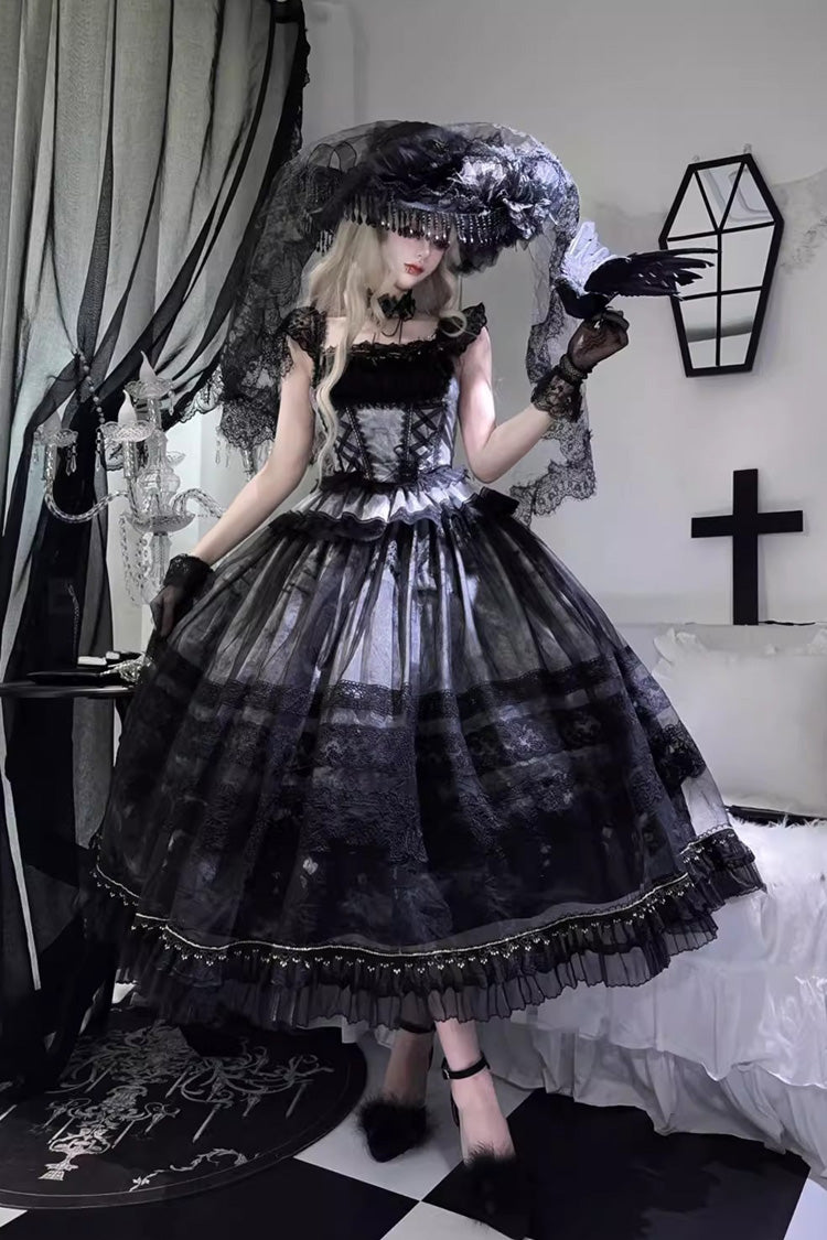 Grey/Blue [Mist-shrouded Vineyard] Sleeveless Ruffle Bowknot Lace-Up Sweet Lolita Jsk Skirt Dress Set - Product - 5