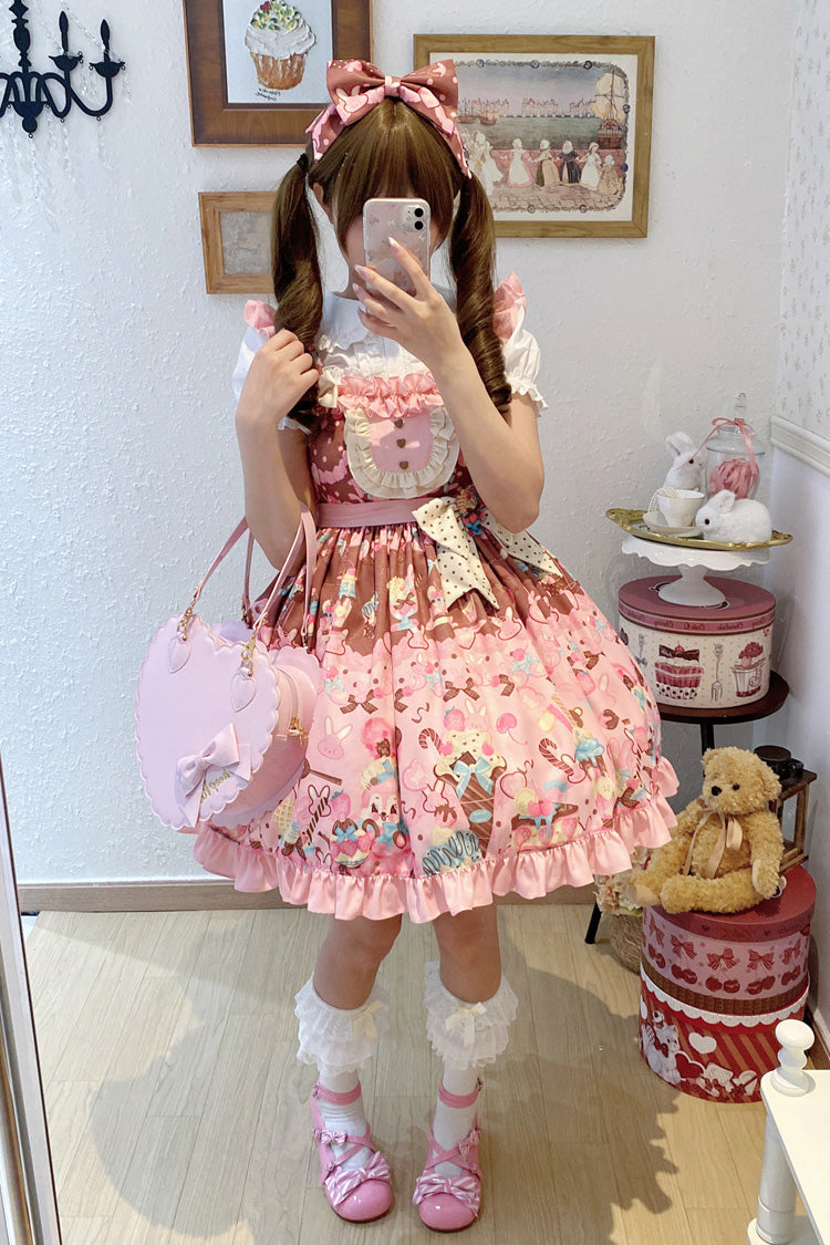 Pink [Bunny Tea Party] Sleeveless Print Ruffle Bowknot Daily Sweet Lolita Jsk Dress - Product - 6