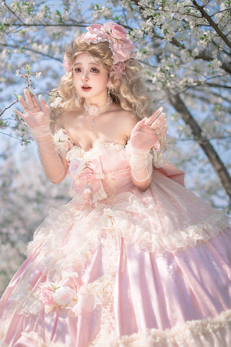 Pink [Love and Roses] Ruffle Hanayome Bowknot Lace Sweet Princess Lolita Jsk Dress - Product - 5