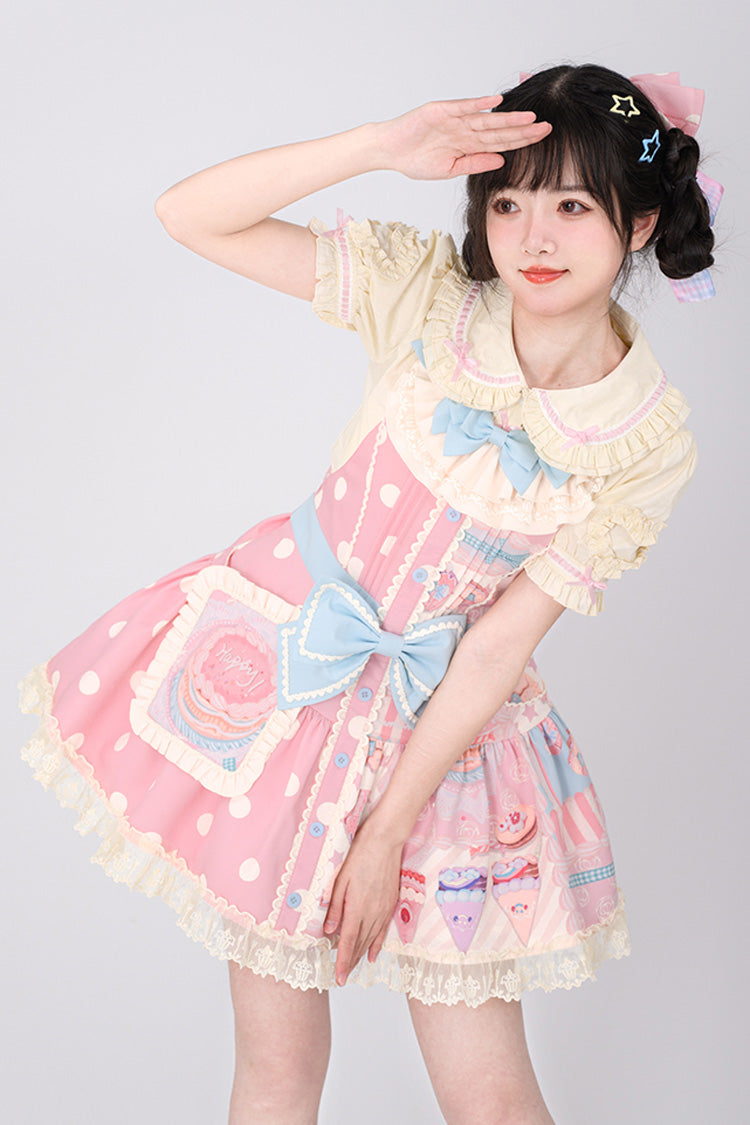 Pink Cake Chocolate Dessert Print Ruffle Bowknot Sweet Lolita Strap Dress - Product - 14