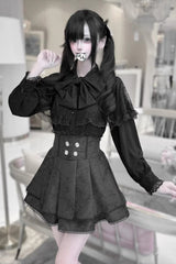 [Dark Moon Shadow] Long Sleeves Double-Layered Ruffled Embroidered Bow Lace-Up Gothic Jirai Kei Lolita Top + Skirt Set - Black-Top(Only) - 12