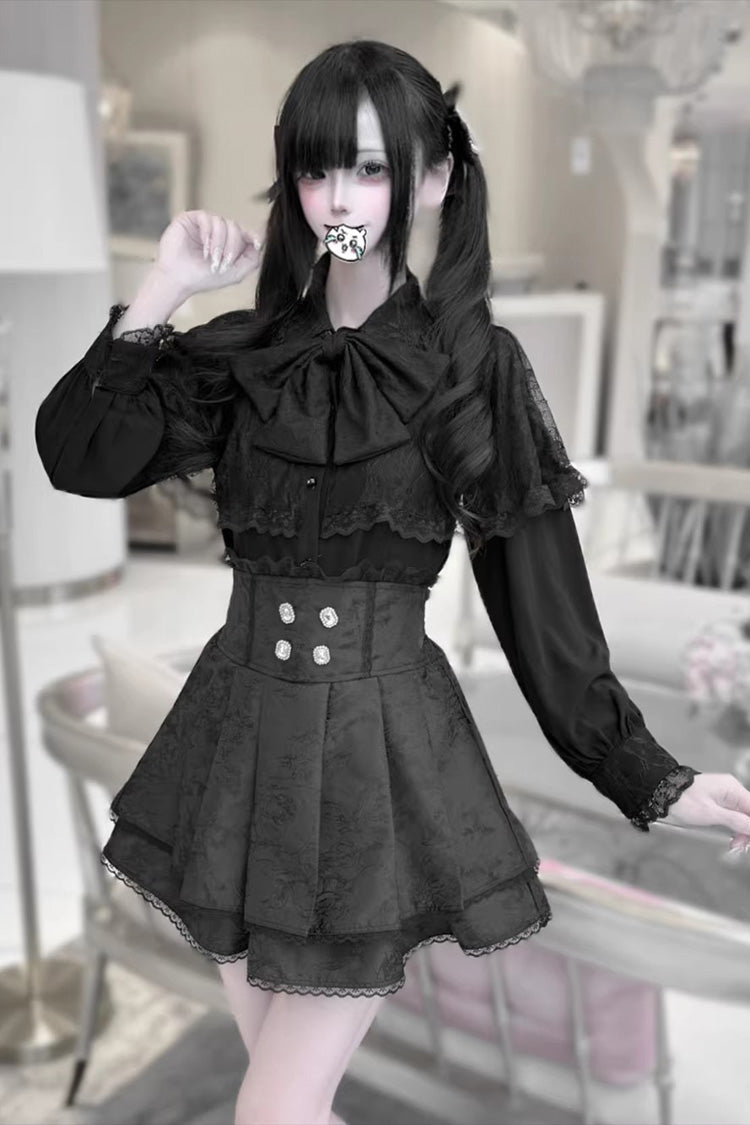 [Dark Moon Shadow] Long Sleeves Double-Layered Ruffled Embroidered Bow Lace-Up Gothic Jirai Kei Lolita Top + Skirt Set - Black-Top(Only) - 12