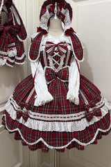 Red [Gingham Petal Bunny] Short Sleeves Printed Ruffled Bow Sweet Lolita OP Dress - Product - 18