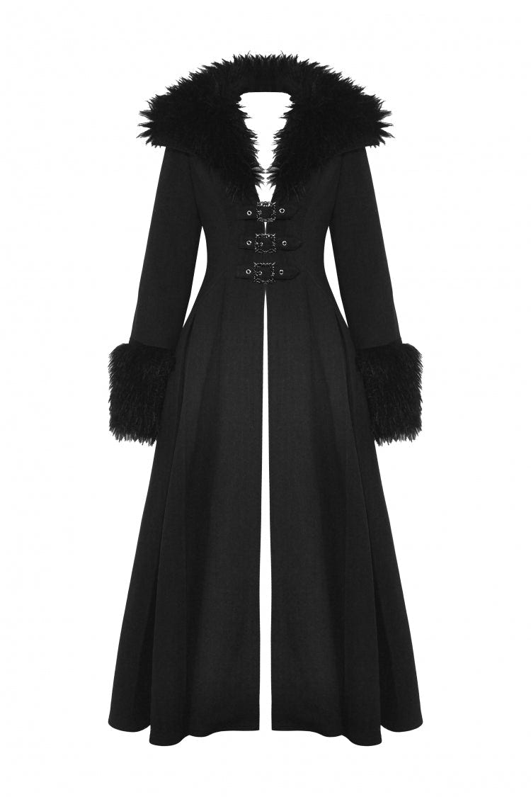 Black Long Sleeves Lace-Up Buckled Women's Gothic Draped Coat with Faux Fur Collar - Product - 3