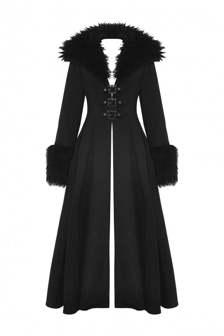 Black Long Sleeves Lace-Up Buckled Women's Gothic Draped Coat with Faux Fur Collar - Product - 3