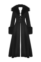 Black Long Sleeves Lace-Up Buckled Women's Gothic Draped Coat with Faux Fur Collar - Product - 3
