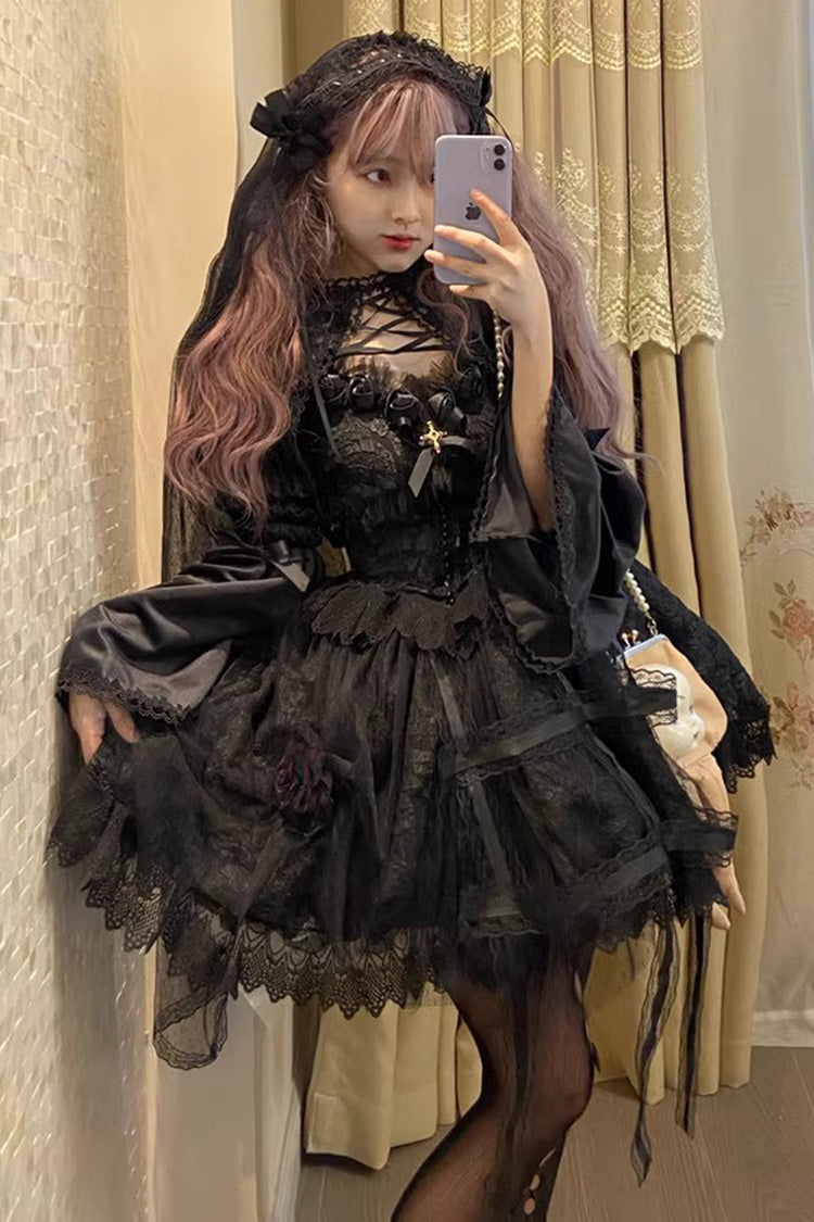 Black [Rose Cage] Ruffle Bowknot Lace Mesh Gothic Elegant Lolita Jsk Dress - Black - 1