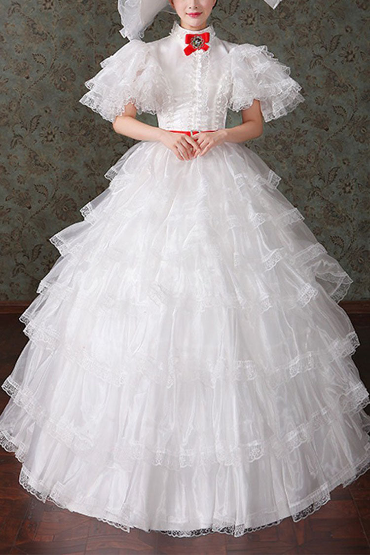 Court Style High Waisted Multi-Layer Victorian Lolita Dress - white - 1