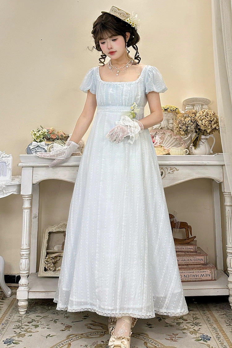 Blue Square Collar Short Sleeves Jacquard Ruffled Lace Sweet Elegant Lolita Dress - Product - 7