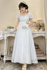 Blue Square Collar Short Sleeves Jacquard Ruffled Lace Sweet Elegant Lolita Dress - Product - 7