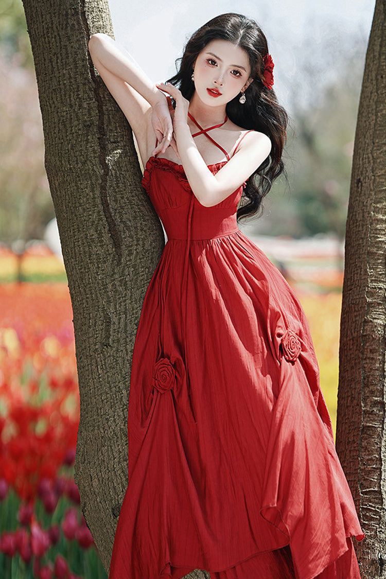 Red Sleeveless Double-Layered Ruffled Rose Classic Lolita Jsk Dress - Product - 3