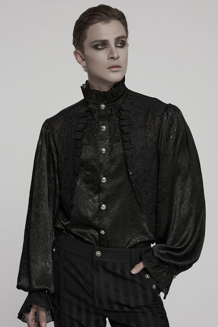 Black Stand Collar Long Puff Sleeves Jacquard Ruffle Embroidery Men's Gothic Blouse - Black - 1