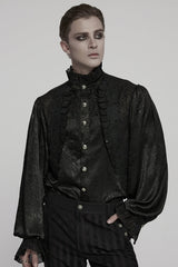 Black Stand Collar Long Puff Sleeves Jacquard Ruffle Embroidery Men's Gothic Blouse - Black - 1