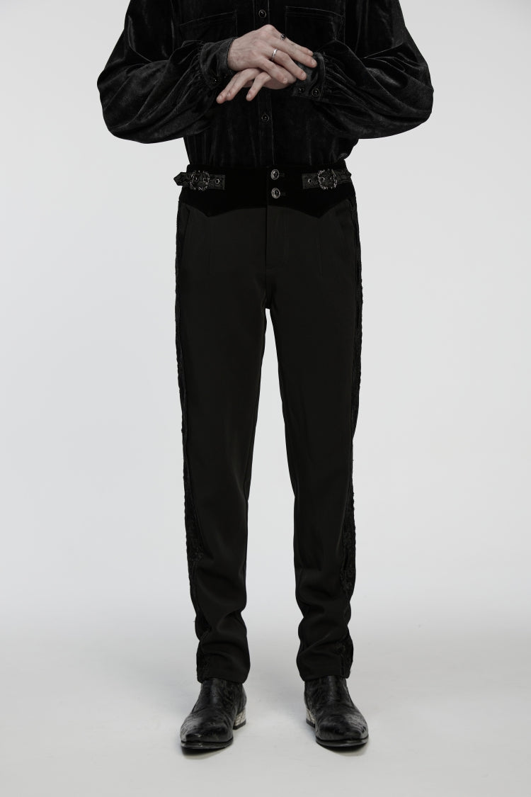 Black Embroidered Lace Buckled Men's Gothic Pants - Product - 4