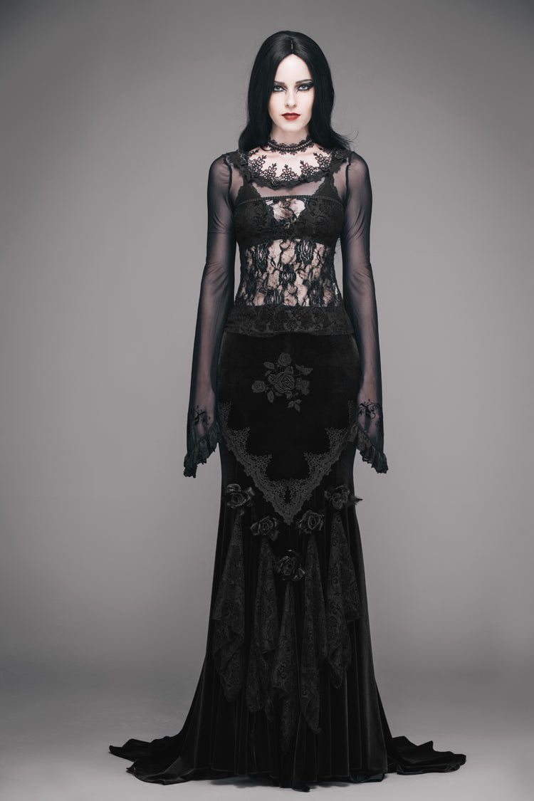 Black Lace Collar Big Flare Sleeve Rose Lace Mesh Women's Gothic T-Shirt - Product - 4