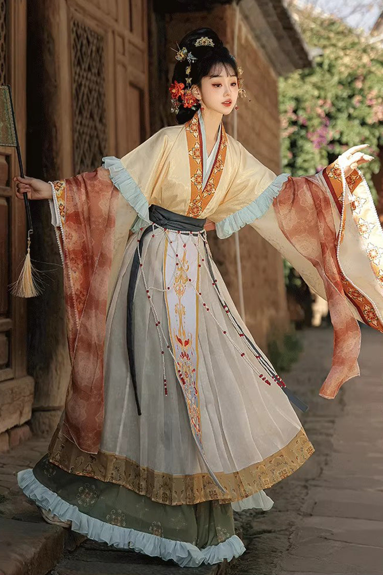 [Cloud-Clad Fairy] Long Sleeves Printed Ruffled Embroidered Classic Chinese Style Hanfu Dress Set 2 Colors - Product - 9