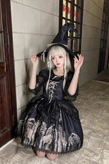 Black Eternal Night Print Ballet Lace-Up Gothic Punk Lolita Jsk Dress - Product - 4