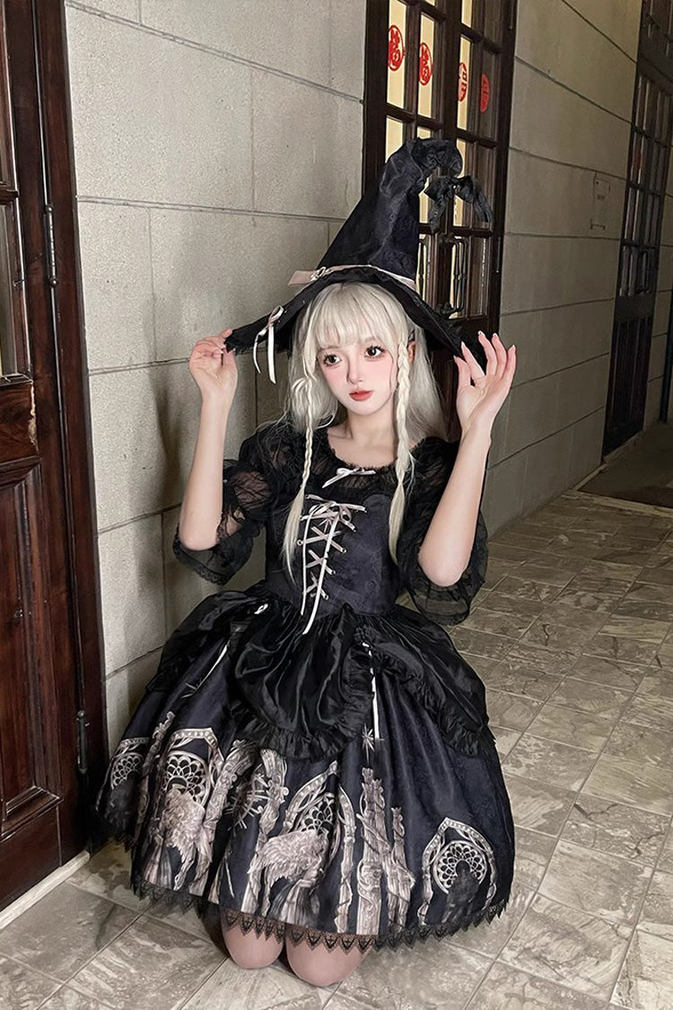 Black Eternal Night Print Ballet Lace-Up Gothic Punk Lolita Jsk Dress - Product - 4