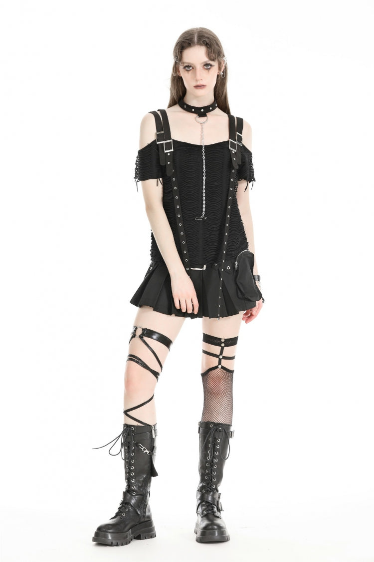 Black Off Shoulder Short Sleeves Ripped Buckled Women's Gothic T-Shirt with Detachable Choker - Product - 5
