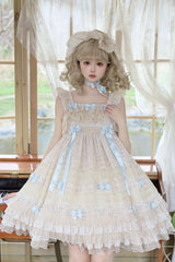 Beige [Little Wind Chime] Sleeveless Multi-Layered Printed Ruffled Bow Lace Sweet Elegant Princess Lolita Jsk Dress - Product - 2
