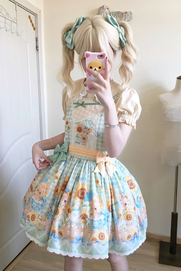 Kawaii Bears Sunflower Print Multi-Color Bowknot Sweet Lolita Strap Dress - Product - 2