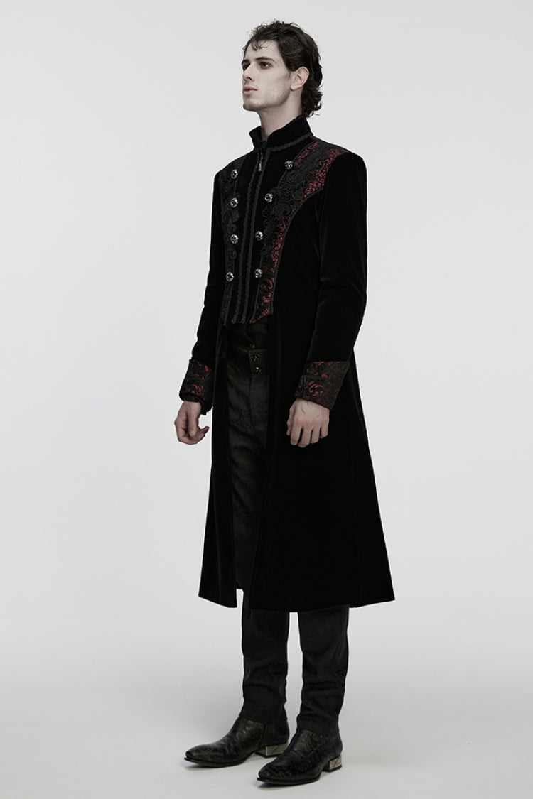 Black/Red Stand Collar Long Sleeves Floral Jacquard Bouble-breasted Zipper Men's Gothic Coat - Product - 2