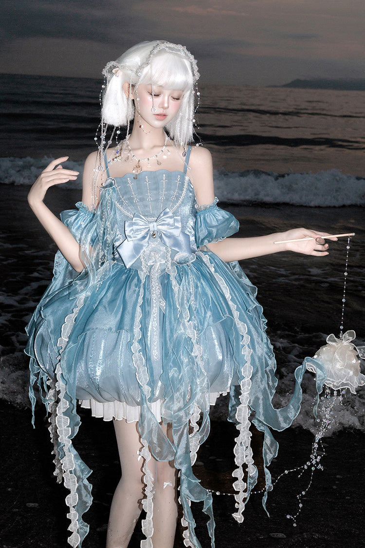 Blue [Dreamy Jellyfish] Square Collar Sleeveless Printed Ruffled Lace Sweet Lolita Jsk Dress Set - Product - 6