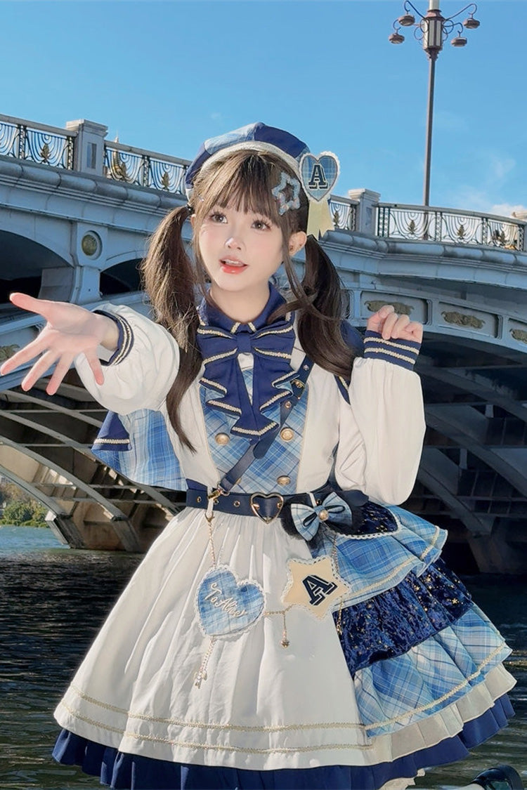 White/Blue [Starlight Academy Style] Long Sleeves Printed Ruffled Spliced Asymmetric Faux Two-Piece Sweet Lolita Dress - Product - 8