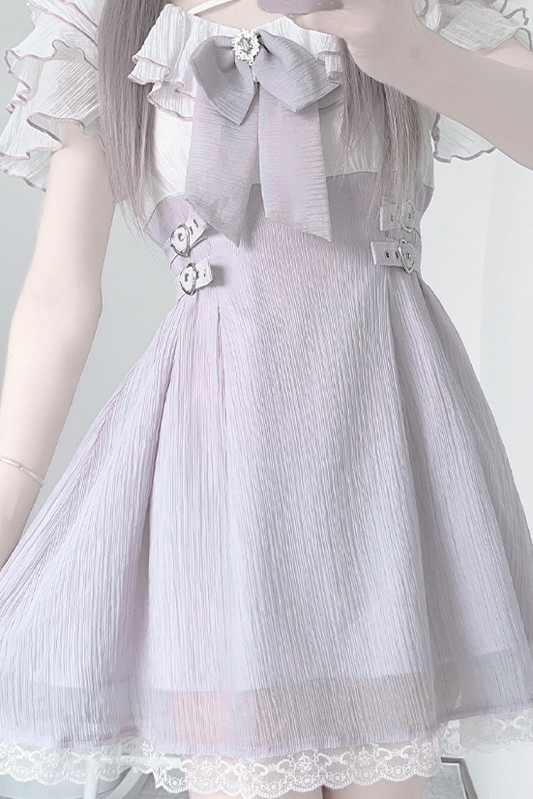 Purple Short Sleeves Ruffle Bowknot Lace Jirai Kei Japanese Dress - Product - 4