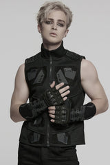 Black Men's Punk Cool Rubber Patched Half-finger Gloves - Black - 1