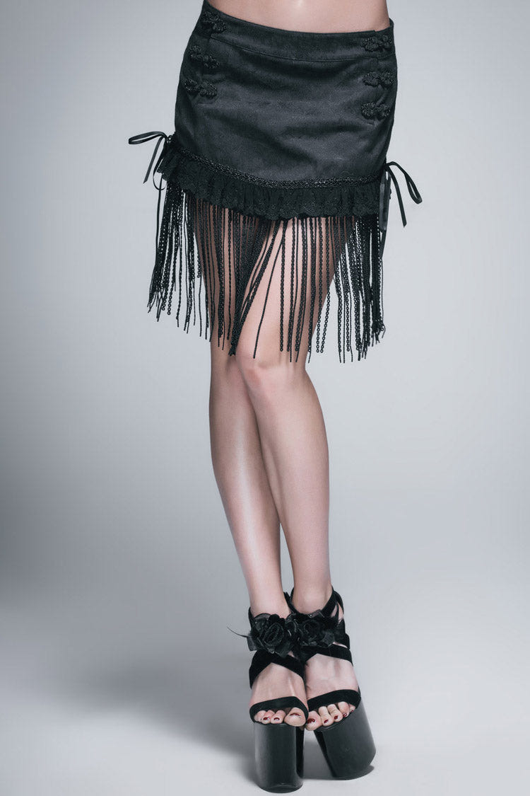 Black Jacquard Lace Tassel Hem Back Waist Lace Up Short Women's Gothic Skirt - Product - 2